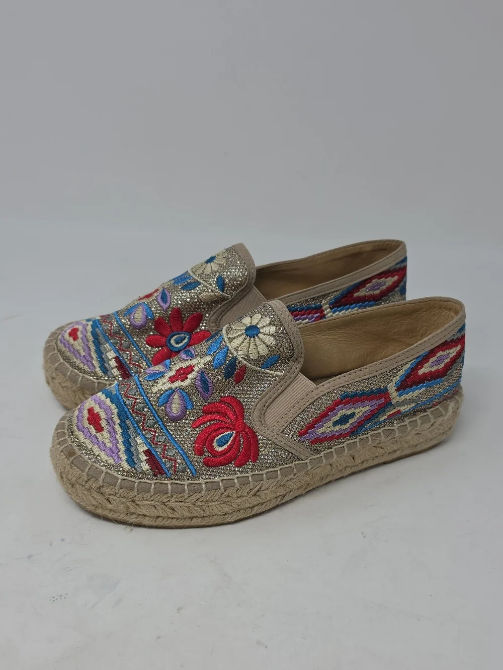 Johnny Was Floral Embroidered Platform Espadrilles Shoes Size 38